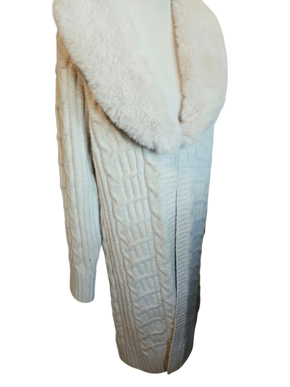 Sincerely Jules Cream Cable Knit Cardigan with Faux Fur Shawl Collar
